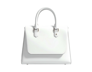 Shiny, white, rectangular handbag with a curved handle, against a black background