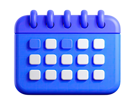 A 3D render of a cartoon calendar with blue and white squares on a black backdrop