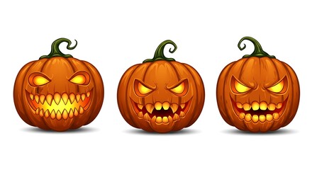 Three scary Halloween jack-o'-lanterns with glowing faces and sharp teeth, isolated on a white background.