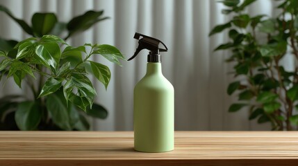 Bright Green Spray Bottle Resting on Rustic Wooden Table Surrounded by Natural Light Creating a Fresh and Inviting Atmosphere in Home Environment