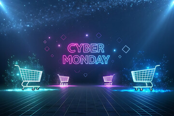 Futuristic cyber monday neon glow with shopping carts and abstract lights reflecting on wet surface