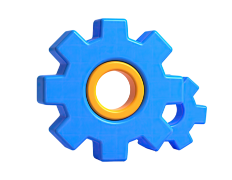 3D rendered, stylized gear icons overlapping, blue and orange elements on black