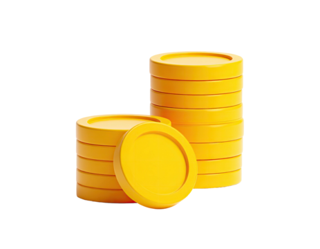 3D-rendered stacks of yellow, shiny coins on a black background