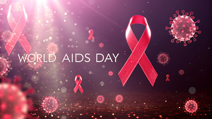 World aids day awareness campaign featuring red ribbons and stylized virus particles on a dramatic pink and purple background