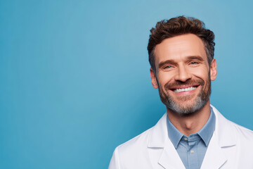Handsome male doctor with bright smile on blue background, perfect for health promotions and medical advertisements