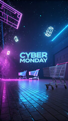 Neon cyber monday sale event with futuristic shopping carts and glowing digital displays