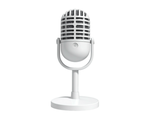 A white, retro-style microphone stands upright against a black background