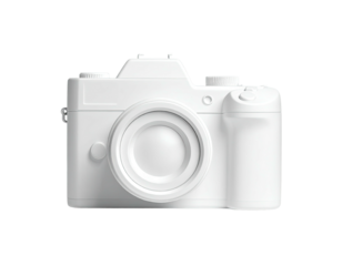 3D rendered front view of a simple, all-white digital camera