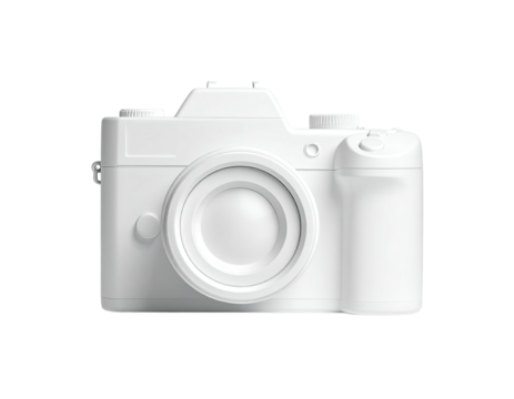 3D rendered front view of a simple, all-white digital camera