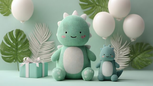 Charming scene showcasing two adorable dinosaur plush toys, one large and one small, accompanied by white balloons, decorative leaves, and a gift box on a soft green background, creating a cheerful...