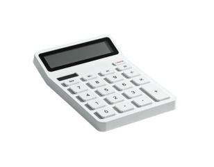 White calculator on black background, angled view, with a display and number keys