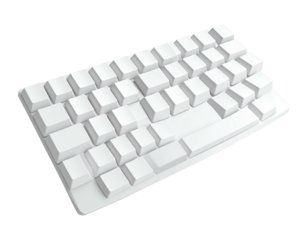Isometric view of a clean, white mechanical keyboard with blank keycaps