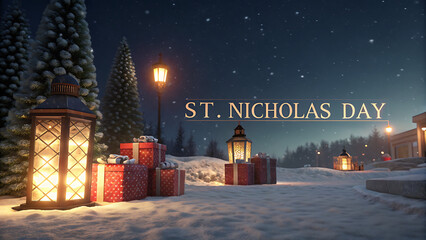 Magical st nicholas day scene with glowing lanterns wrapped gifts and a snowy winter landscape under a starry night sky