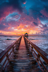 Fototapeta premium Colorful sunset at a wooden pier leading to a tranquil beach pavilion
