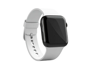 Modern digital wristwatch with white band and black display, isolated on dark backdrop