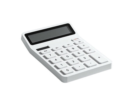 White calculator on black background, angled view, with a display and number keys