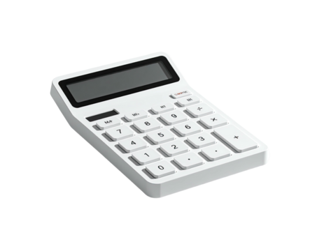 White calculator on black background, angled view, with a display and number keys