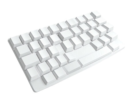 Isometric view of a clean, white mechanical keyboard with blank keycaps