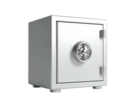 A shiny, metallic safe with a circular dial and a secure, closed door