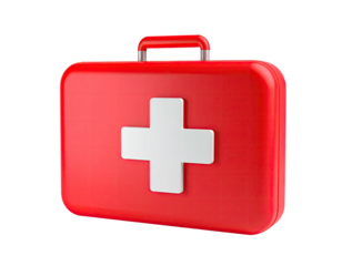 A vibrant red first aid kit with a white cross, isolated on black