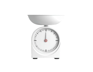 A white kitchen scale with a circular face and a bowl on top