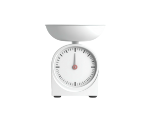 A white kitchen scale with a circular face and a bowl on top