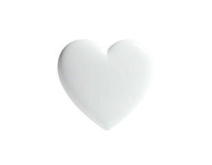 A smooth, white, three-dimensional heart shape floats against a black backdrop