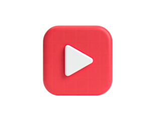 Red square with white play button; 3D render, rounded edges on black background