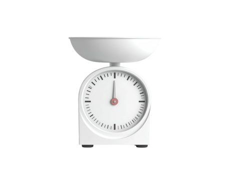 A white kitchen scale with a circular face and a bowl on top - Powered by Adobe
