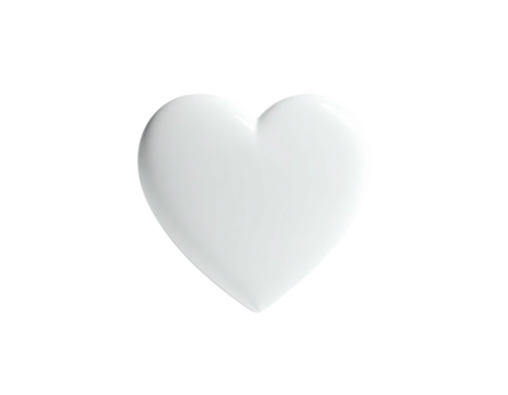 A smooth, white, three-dimensional heart shape floats against a black backdrop