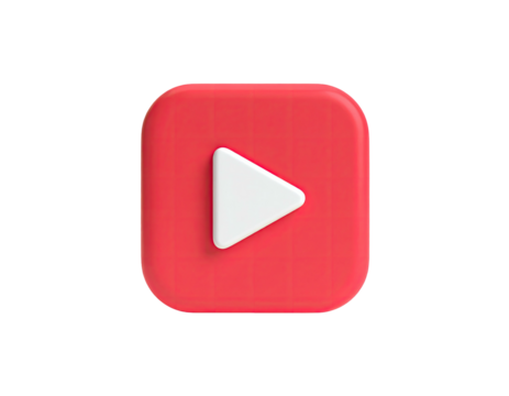 Red square with white play button; 3D render, rounded edges on black background