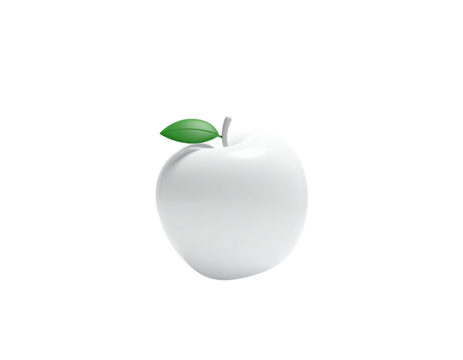 Glossy white apple with a green leaf, set against a black background
