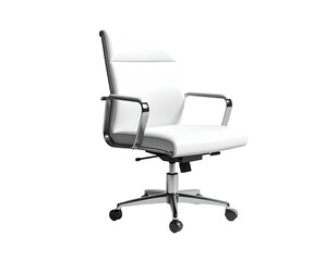 Modern white leather office chair with chrome arms and base, isolated on black