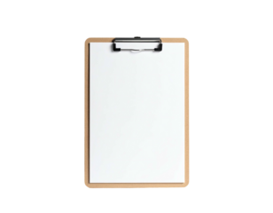 Isolated, vertical clipboard holding a blank white paper sheet, dark background