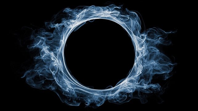 Abstract artistic illustration of a dark circle enveloped by wisps of blue smoke against a black background