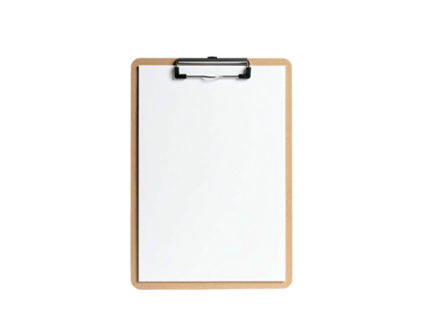 Isolated, vertical clipboard holding a blank white paper sheet, dark background