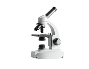 A white, upright compound microscope on a black background, side view