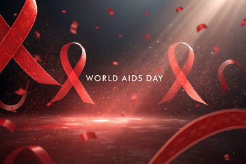 World aids day red ribbon awareness campaign with floating ribbons and petals symbolizing hope and support