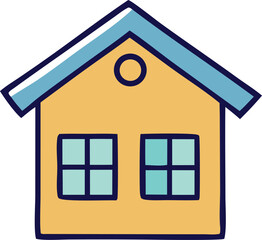 Simple yellow house icon with blue roof and two square windows perfect for real estate and design projects