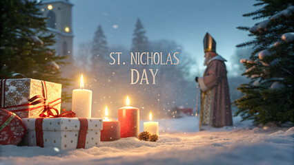 Saint nicholas day celebration with gifts and candles in a snowy winter forest setting