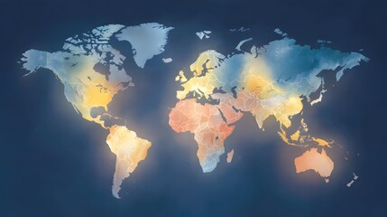 World map illustration showcases a global perspective with continents rendered in warm gradient colors, creating a visual representation of geographic regions on a deep blue backdrop, illustrating...