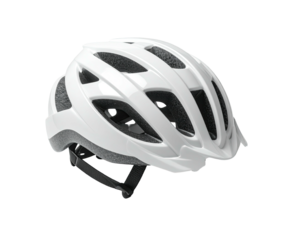 Angled view of a white bicycle helmet with vents and chin strap, isolated