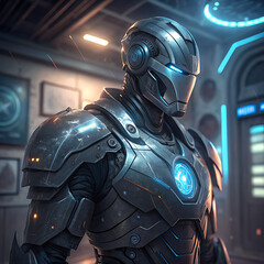 Futuristic armored soldier close-up portrait detailed sci-fi hero helmet glowing eyes cybernetic power illustration
