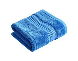 Folded vibrant blue bath towel, with ribbed detail, on a stark black background