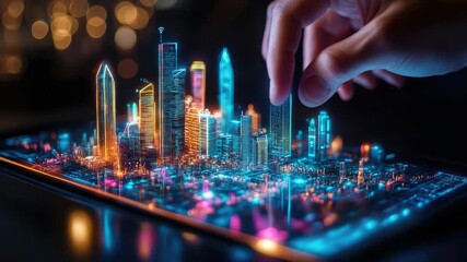 Futurist architect analyzing a glowing holographic city projection on a digital tablet, interacting with a virtual building model for urban planning in the metaverse with augmented reality - Powered by Adobe