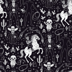 Spooky Halloween Seamless Pattern with Minimalist Monochrome Zombie Cowboy Sketches - Vector Background