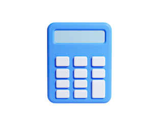 3D rendered illustration of a bright blue calculator with white buttons on black background
