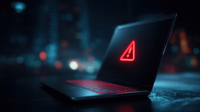 Alert signal on laptop screen dark environment technology image high contrast close-up view cybersecurity concept