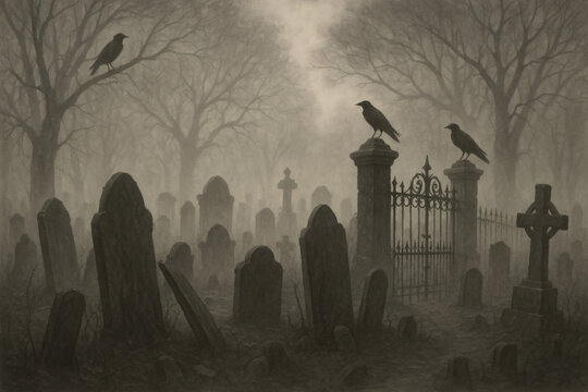 Misty old cemetery with leaning headstones and wrought-iron gate as ravens perch on pillars and bare trees