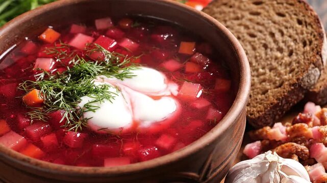 Bowl of beet soup with sour cream dill bread and bacon